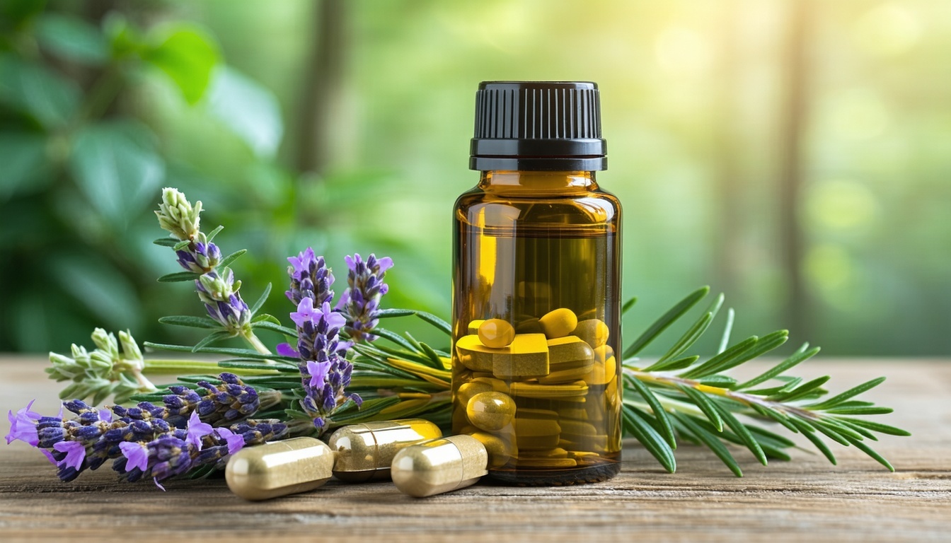 Natural supplement bottle with calming herbs